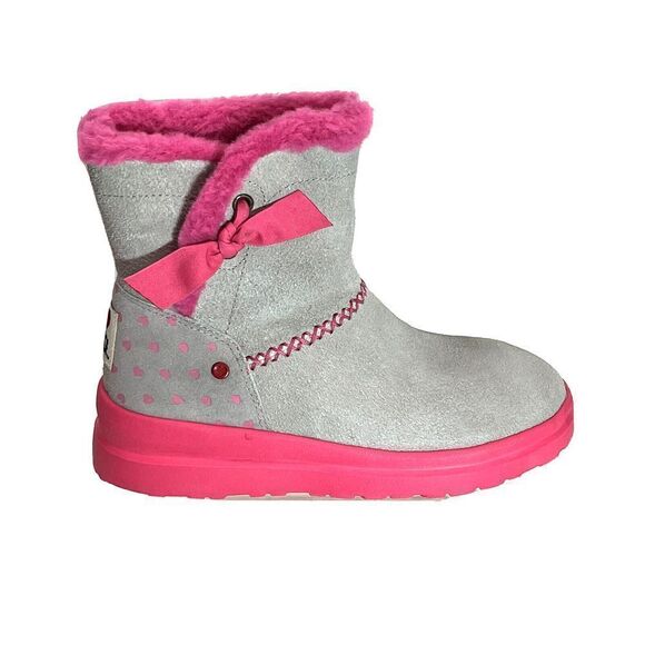 UGG Girls Knotty Boots Size 4 Youth Gray Suede Pink Shearing Bow I heart - Picture 15 of 15
